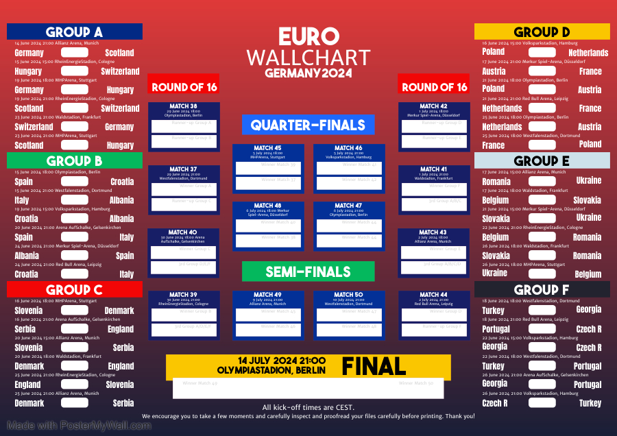 Euro 2024 WallChart Schedule Soccer Football